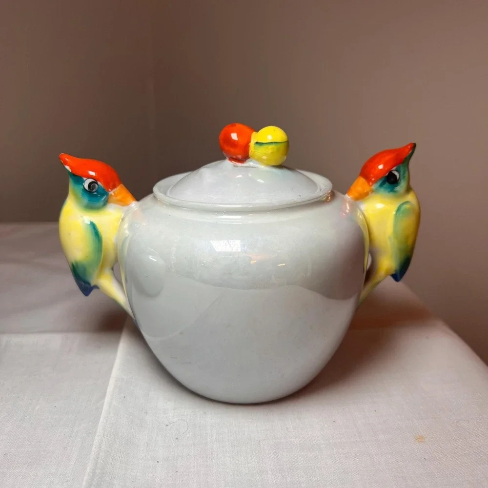 VTG  Lustreware Colorful Bird Cream & Sugar Set Japan Iridescent porcelain china